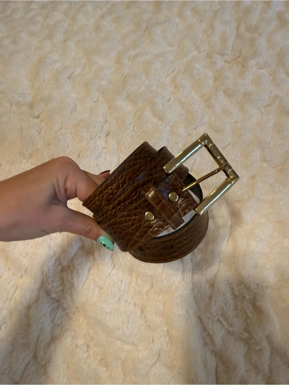 Brown Textured Leather Belt with Gold Buckle